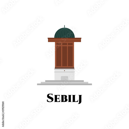 The Sebilj in Bosnia and Herzegovina. Historical national building landmark. A beautiful place to see. Makes for awesome your holiday with the pigeons in flight. Vector flat illustration photo