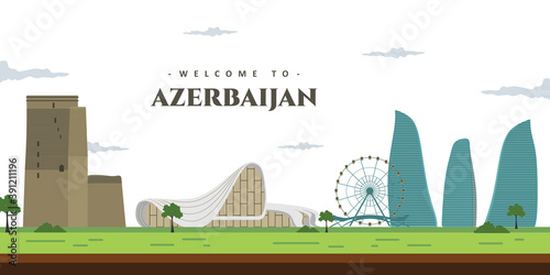 City landscape of Azerbaijan with famous building landmark. Welcoming to Azerbaijan. World vacation travel Asia Asian collection. Cartoon style web site vector illustration