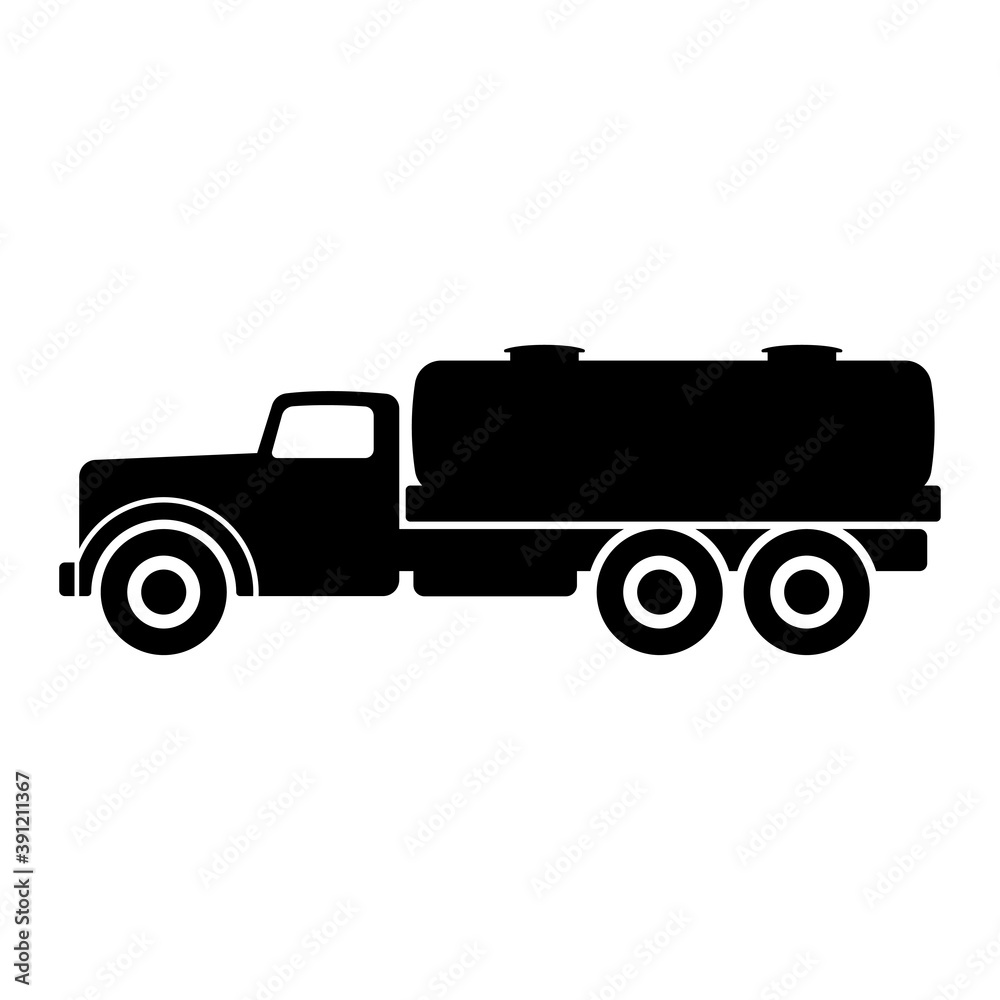 Fuel truck icon. Black silhouette. Side view. Vector flat graphic illustration. The isolated object on a white background. Isolate.