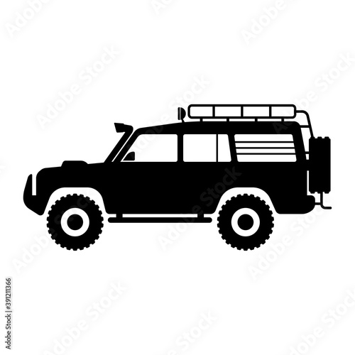 SUV icon. Offroad expedition vehicle. Black silhouette. Side view. Vector flat graphic illustration. The isolated object on a white background. Isolate.