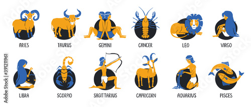 Zodiac signs set. Collection of highlight story covers for social media. Twelve astrological signs with handwritten names. Vector shabby hand drawn illustration