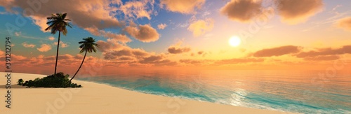 Sandy beach with palm trees at sunset, tropical beach at sunrise, 3D rendering