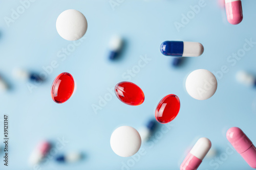 flying pill tablet capsule levitation medicine. medical treatment for disease flu virus