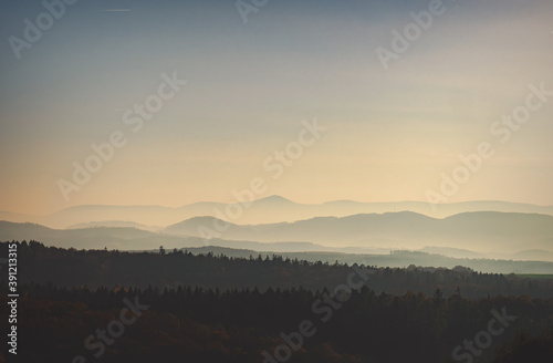 View on beautiful mountains Beskides in November in sunset
