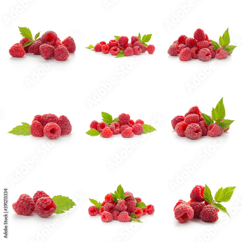 Raspberries collection with leaf isolated on white background