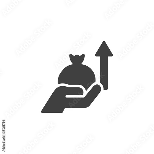 Business money growth vector icon. filled flat sign for mobile concept and web design. Hand with money bag and arrow up glyph icon. Symbol, logo illustration. Vector graphics