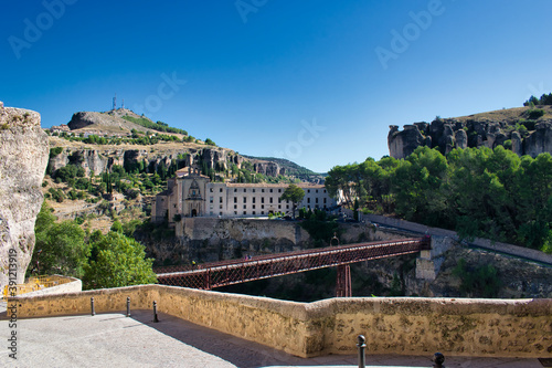 Canonigos street, San Pablo bridge and in the background the national parador tourism of Cuenca, Spain