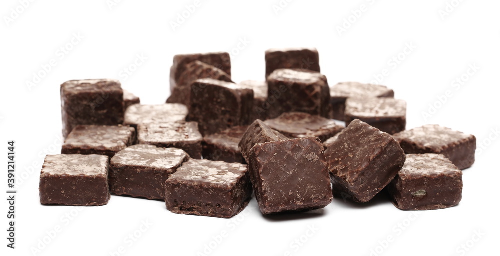 Chocolate wafer blocks, cubes pile isolated on white background Chocolate wafer blocks, cubes pile isolated on white background
