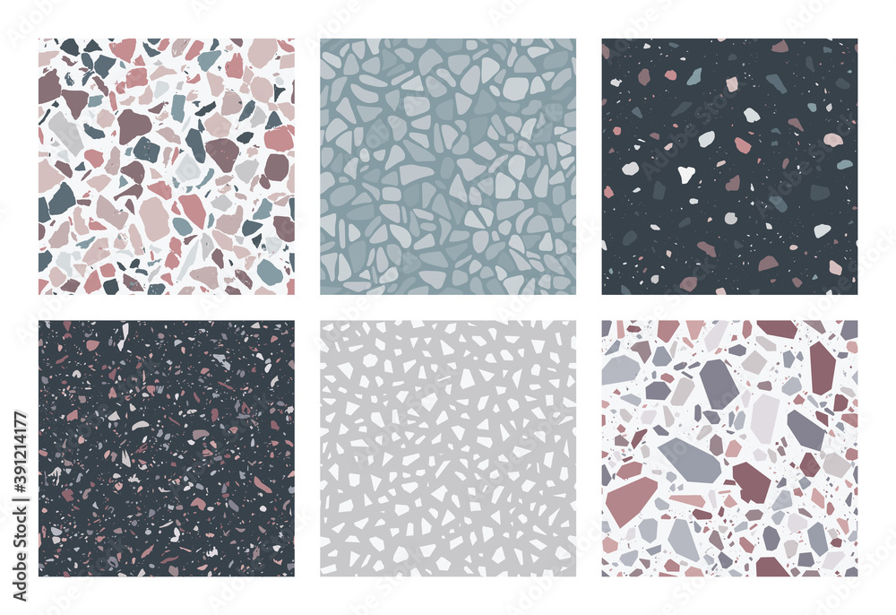 Terrazzo patterns. Set of 6 seamless terrazzo texture patterns. Colorful, trendy backgrounds. Abstract vector Illustration.