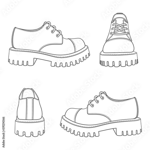 Set of black and white illustrations with boots. Isolated vector objects on white background.