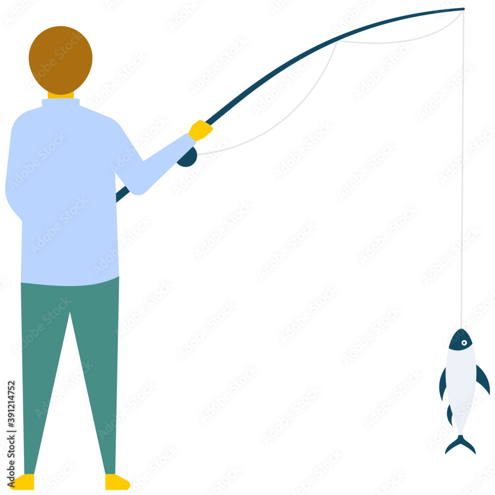 A young man catching a fish with rod, flat vector icon
A young man catching a fish with rod, flat vector icon