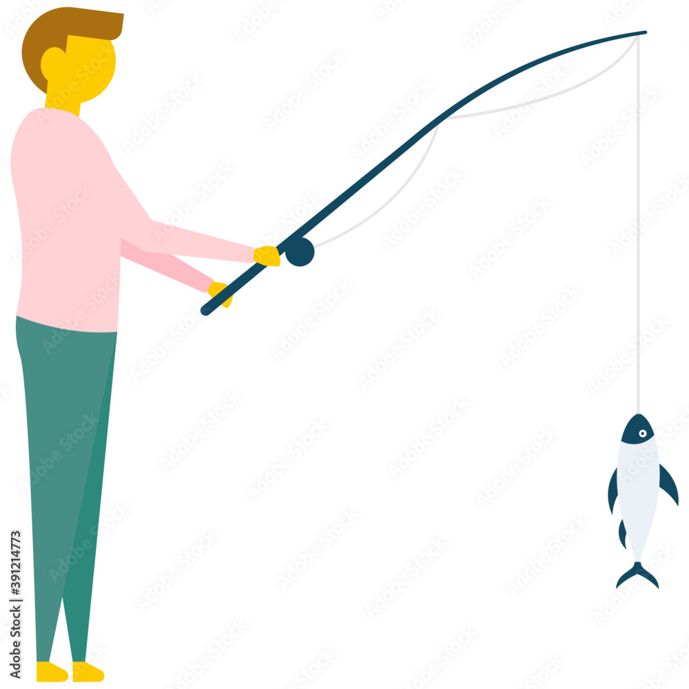 A young man catching a fish with rod, flat vector icon
A young man catching a fish with rod, flat vector icon
