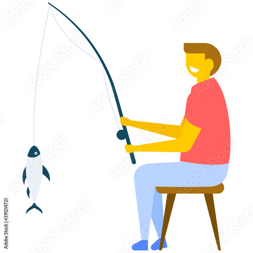 
A young man catching a fish with rod, flat vector icon 
