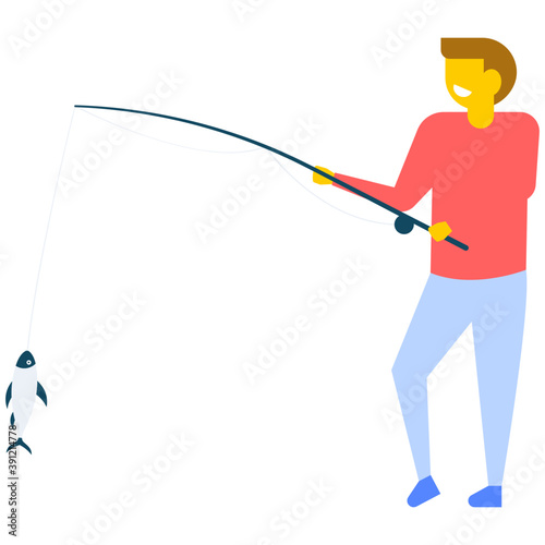 
A young man catching a fish with rod, flat vector icon 
