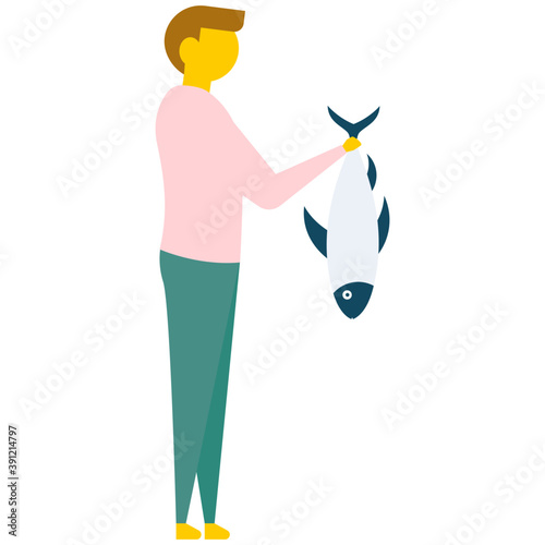 
A young man catching a fish with rod, flat vector icon 

