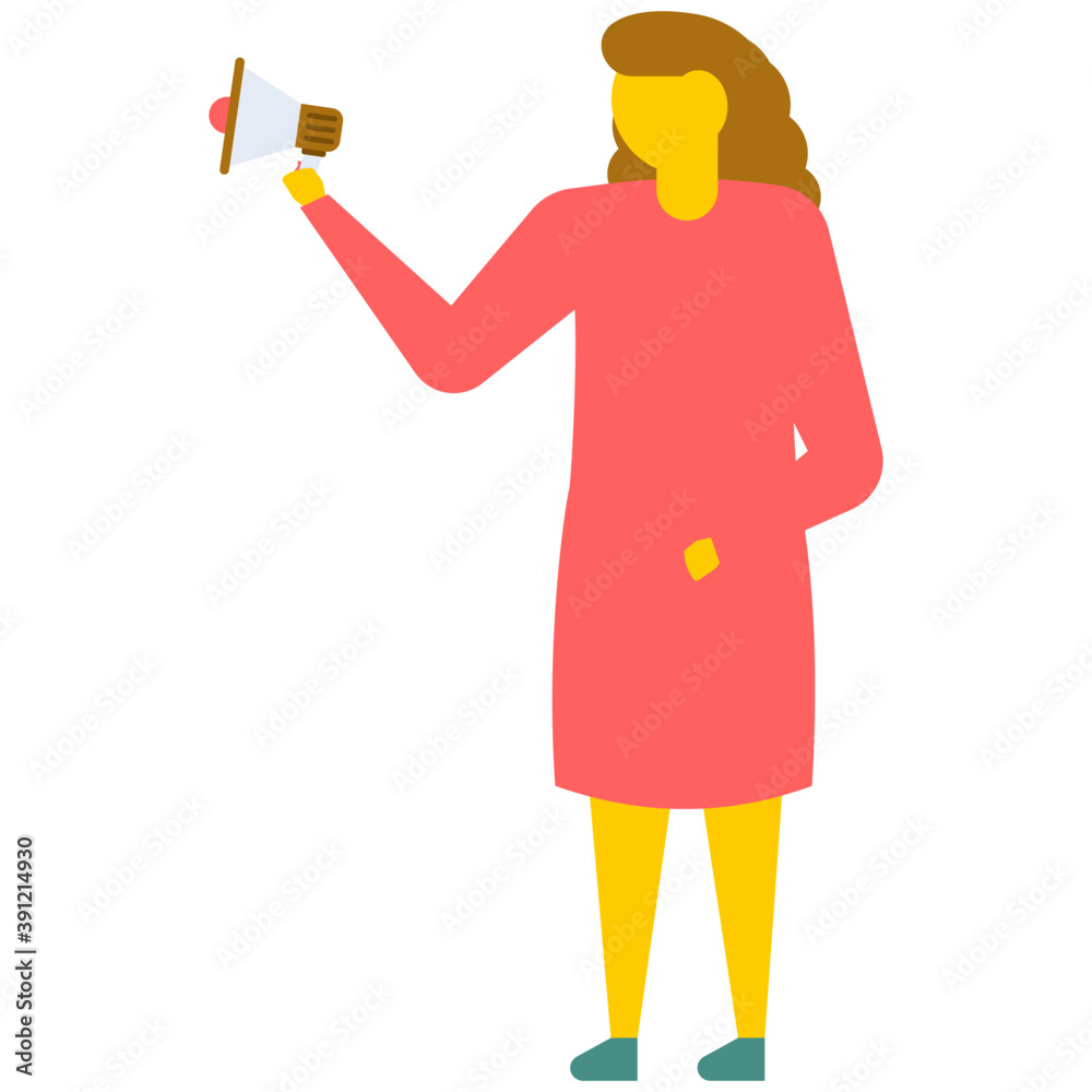 
A female holding a bullhorn icon vector in flat design, 
