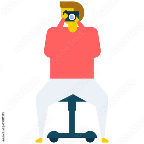 
Man is sitting on a stool and taking picture with camera, flat vector icon 
