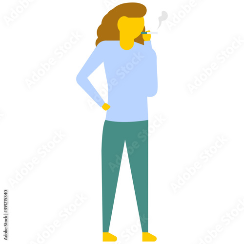  A young woman smoking cigarette, flat vector icon 