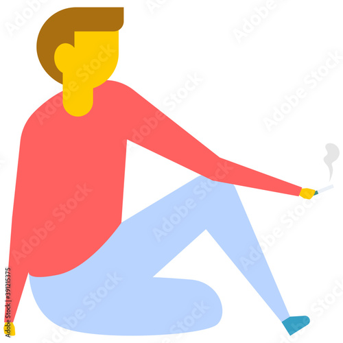 
A man sitting on the floor looking up while holding a cigarette in his left hand, flat vector icon 
