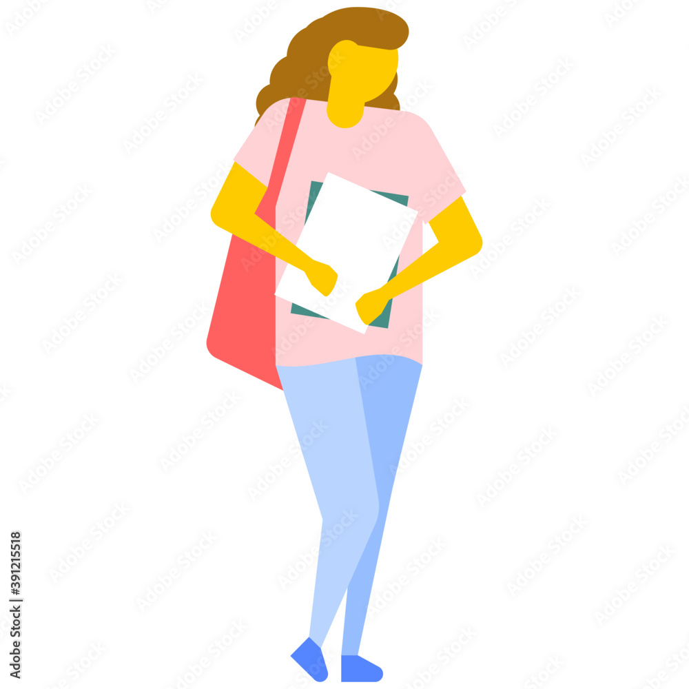 
Female college student with shoulder bag, flat vector icon 
