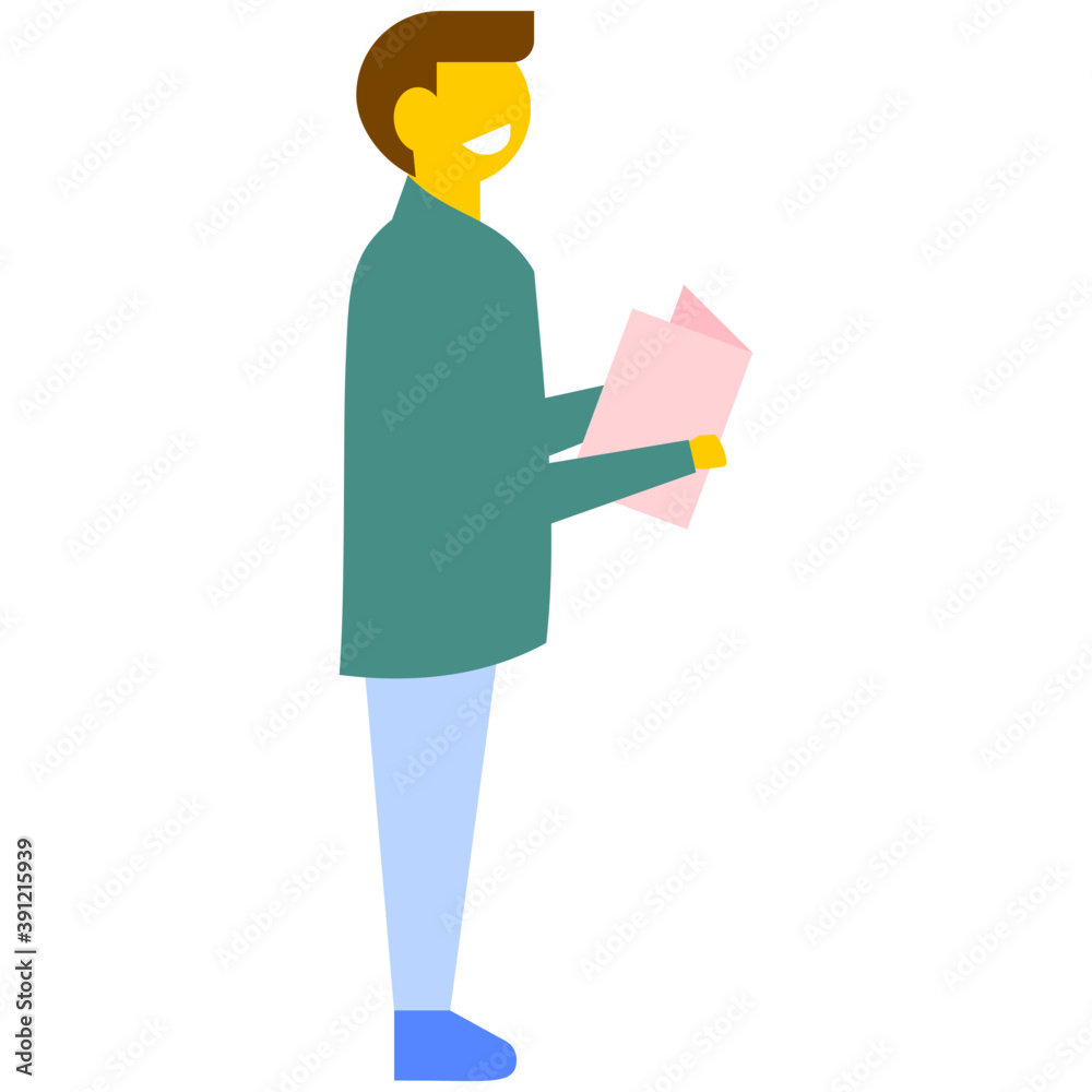 Young man reading book while standing, flat vector icon
Young man reading book while standing, flat vector icon