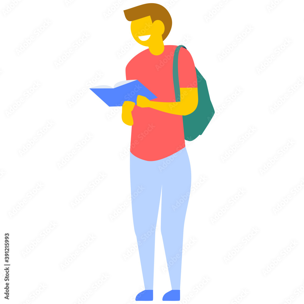 
Young man reading book while standing, flat vector icon 
