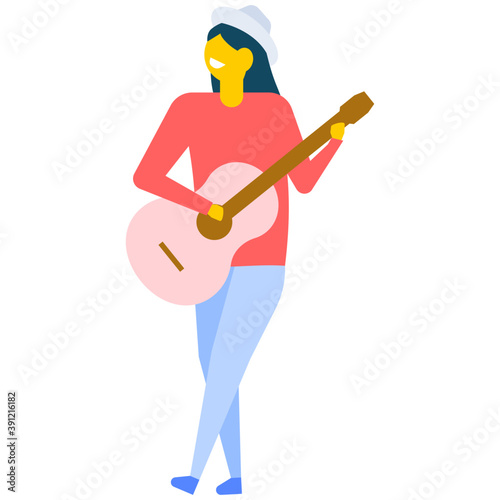 
Young woman singing with microphone, flat vector icon 
