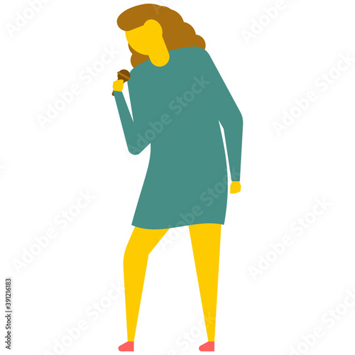 
Young woman singing with microphone, flat vector icon 
