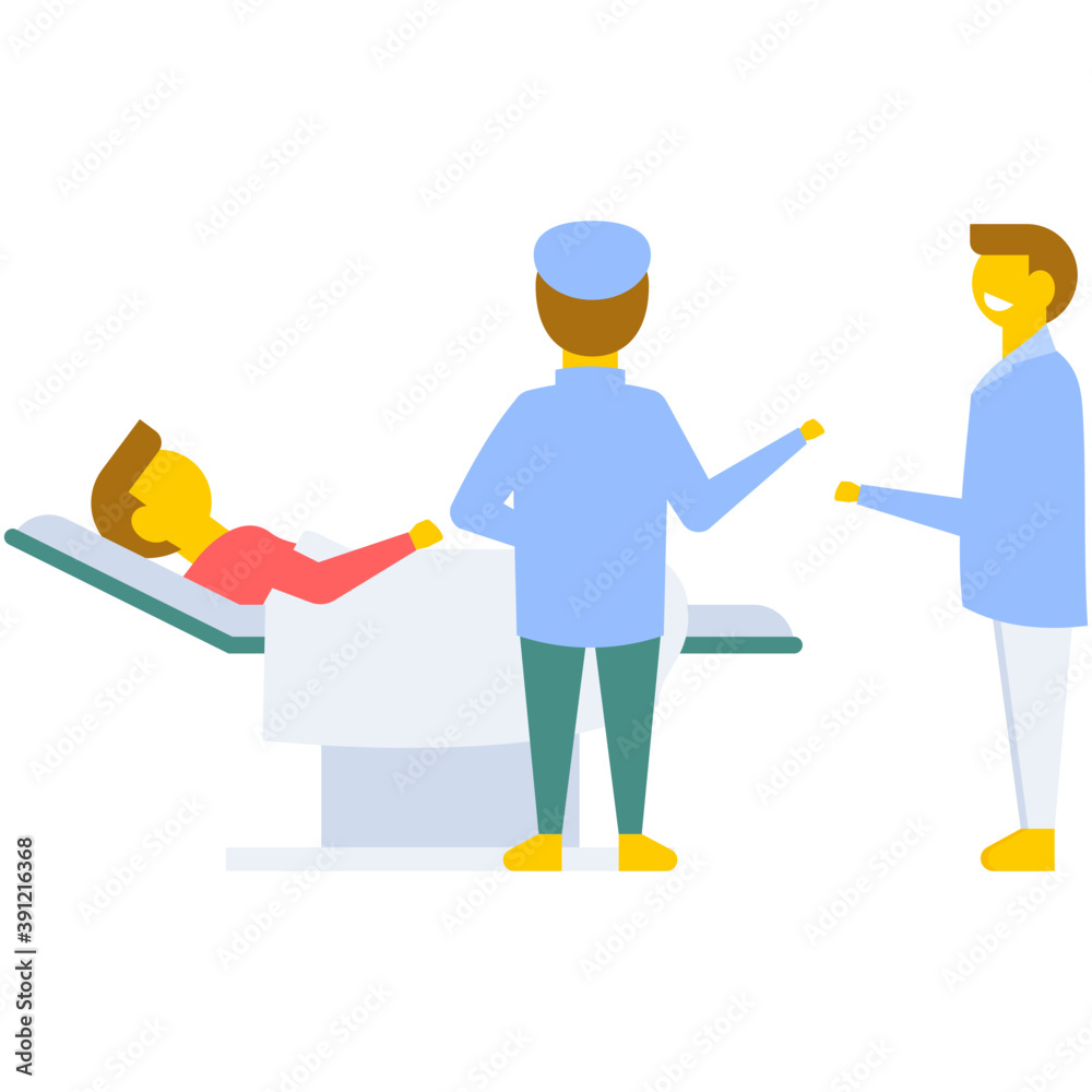 
A male doctor consulting with male patient in medical office, flat vector icon 
