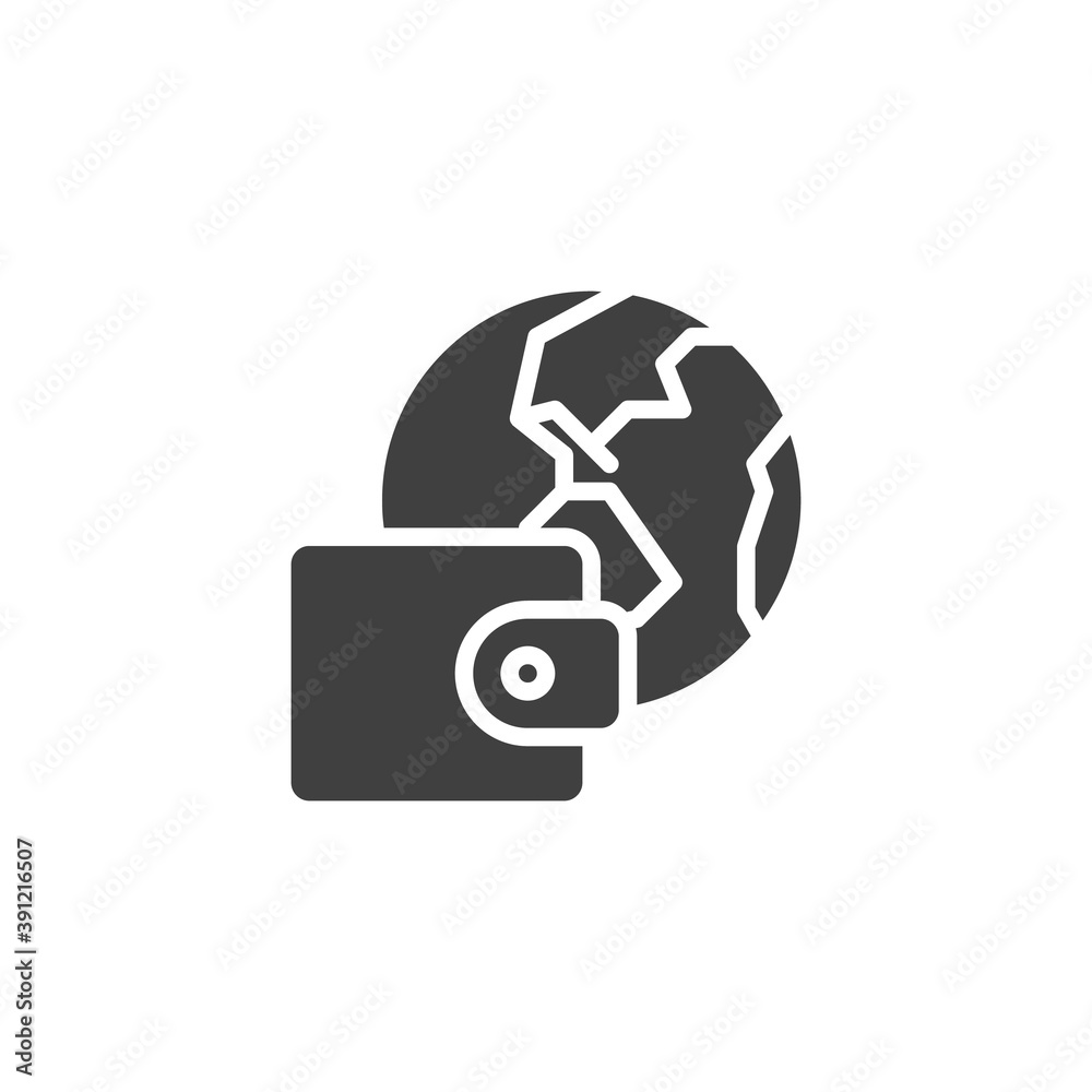 Global business money vector icon. filled flat sign for mobile concept and web design. Globe and wallet glyph icon. Symbol, logo illustration. Vector graphics Global business money vector icon. filled flat sign for mobile concept and web design. Globe and wallet glyph icon. Symbol, logo illustration. Vector graphics