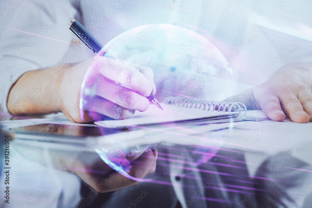 Close up of human hands and abstract innovative technologies for industries. Double exposure.