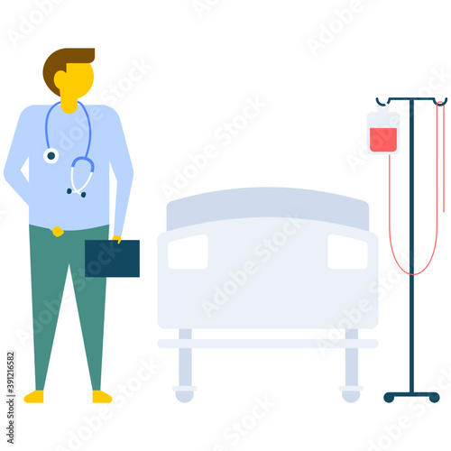 
A doctor standing in hospital room, flat vector icon 
