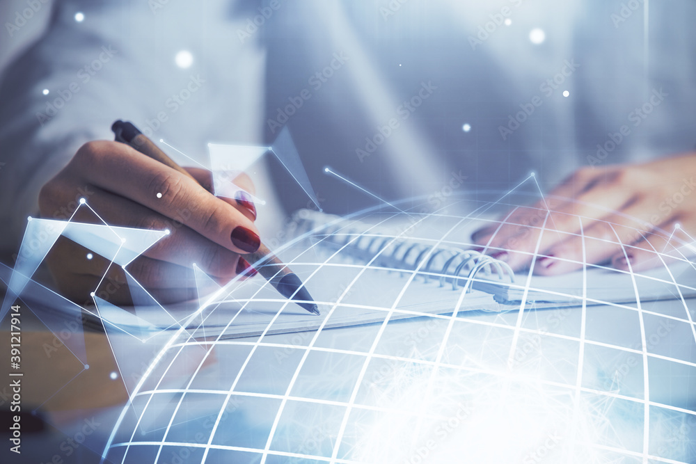 Multi exposure of hands making notes with world map hologram and data theme icons. Concept of global data. Multi exposure of hands making notes with world map hologram and data theme icons. Concept of global data.