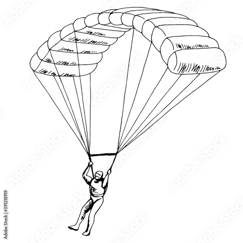 Man jumping with a parachute isolated graphic black white sketch illustration vector
