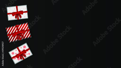 Banner with gift boxes. Realistic white boxes with red stripes and snowflakes.Christmas background, greeting card. Dark gradient background.