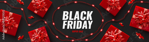 Black Friday Super Sale poster with realistic red gifts boxes