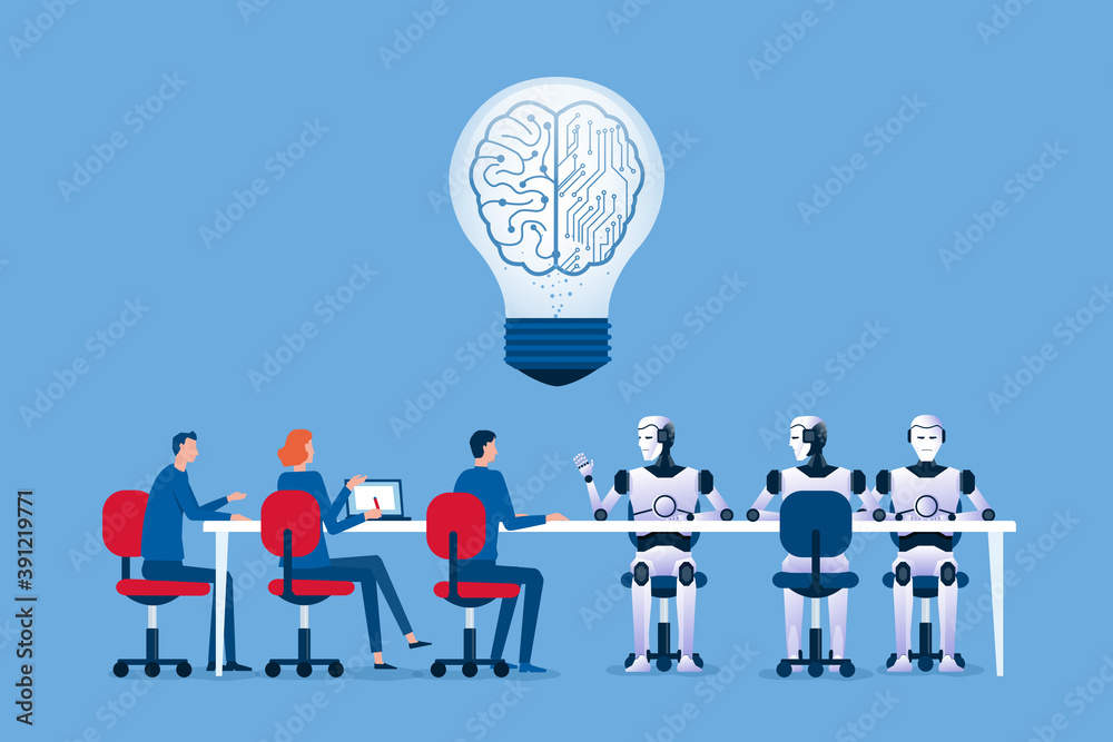 business people team and robot team meeting for brainstorming concept and flat design for Artificial intelligence, ai for business concept. illustration cartoon characters design business people team and robot team meeting for brainstorming concept and flat design for Artificial intelligence, ai for business concept. illustration cartoon characters design