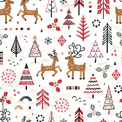 Christmas Seamless Vector Pattern with Doodle Deers and Christmas Trees. Cartoon Cute Reindeer and Winter Forest Background. New Year Holiday Wallpaper, Wrapping Paper