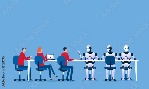 business people team and robot team meeting for brainstorming concept and flat design for Artificial intelligence, ai for business concept. illustration cartoon characters design