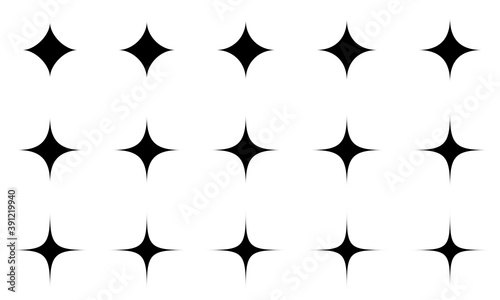 Flat design decorative elements. Set of black silhouettes of sparkling stars. Shiny particles. Symbols of radiance and purity. Isolated vector objects.