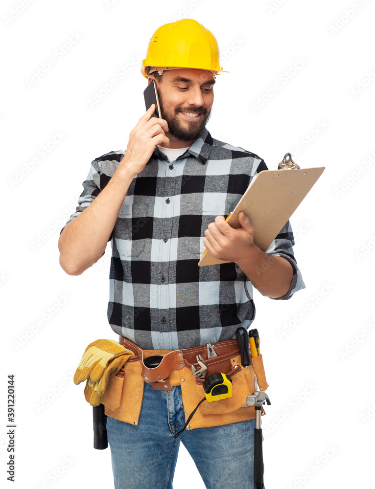 profession, construction and building - happy smiling worker or builder with clipboard calling on smartphone over grey background profession, construction and building - happy smiling worker or builder with clipboard calling on smartphone over grey background