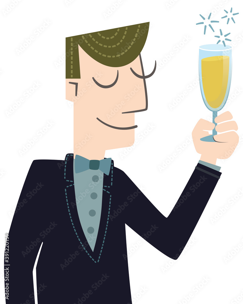 Elegant man toasting for the new year, isolated. Retro style illustration of a man toasting with a glass of champagne, isolated on white background. Elegant man toasting for the new year, isolated. Retro style illustration of a man toasting with a glass of champagne, isolated on white background.