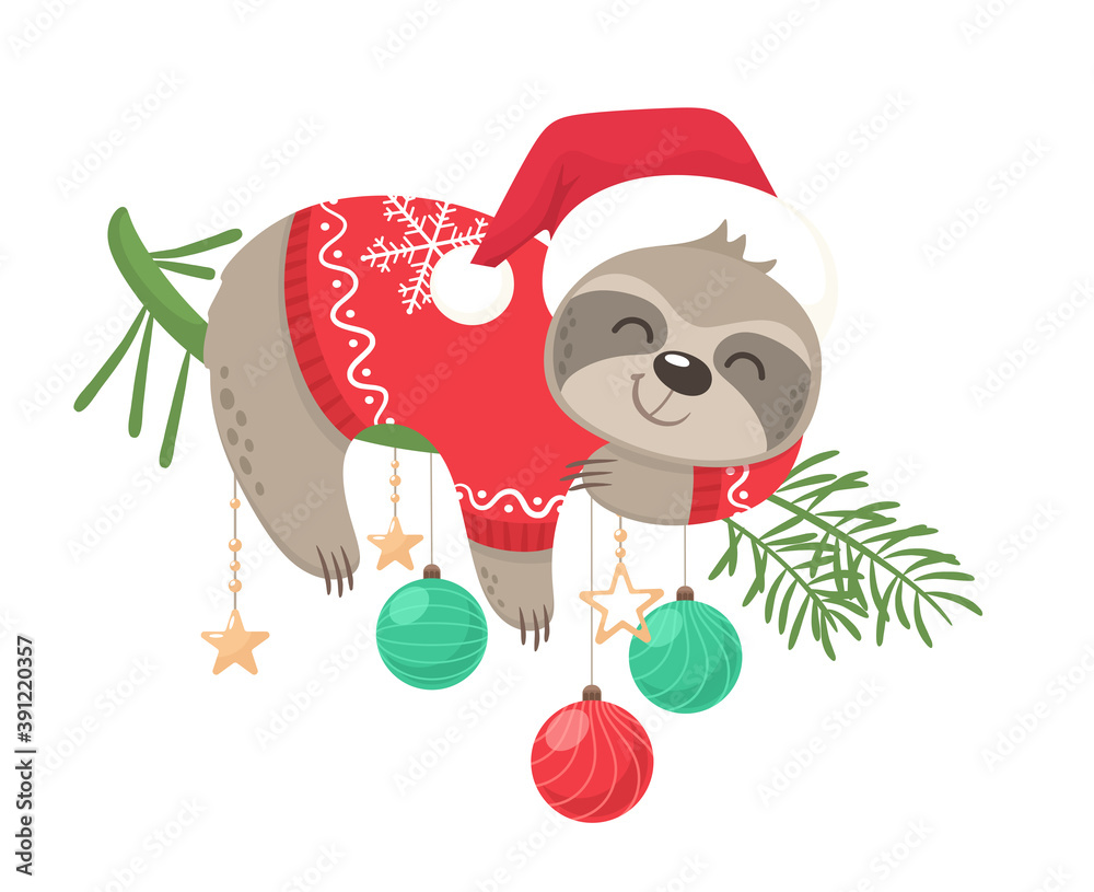 Fototapeta premium Happy and cute sloth vector graphic design for Christmas holiday. Merry Christmas stamp. An adorable sloth character wearing a Santa hat and a cozy sweater. Christmas balls
