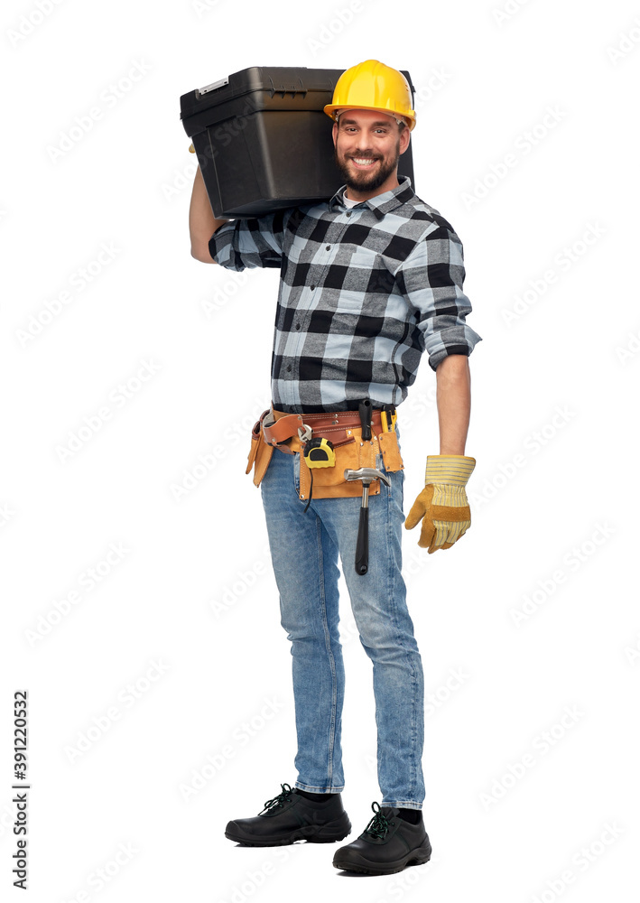 profession, construction and building - happy smiling male worker or builder in helmet with tool box over white background