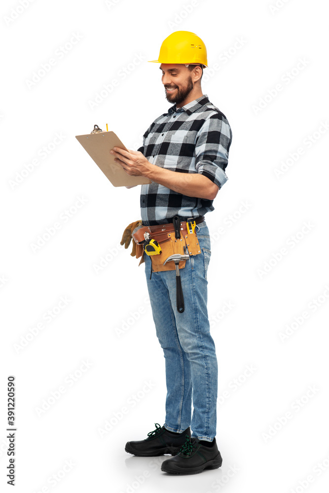 profession, construction and building - happy smiling male worker or builder in helmet with clipboard over white background profession, construction and building - happy smiling male worker or builder in helmet with clipboard over white background