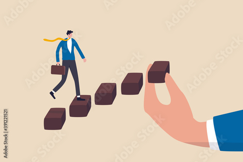Helping hand to support on career development, staircase or ladder of success concept, confidence businessman in suit walking with ambition on wooden stair with human hand help make rising stairway.