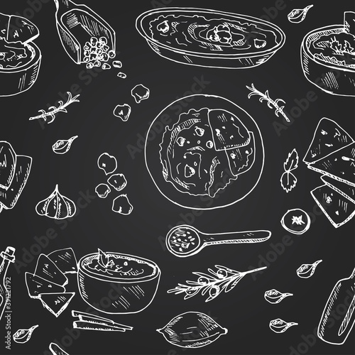 Hummus Vector seamless pattern with food and drink hand drawn doodles. Vector illustration