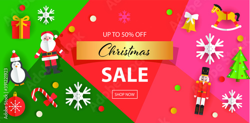 Christmas sale banner template with paper cut toys and snowflakes. Vector illustration