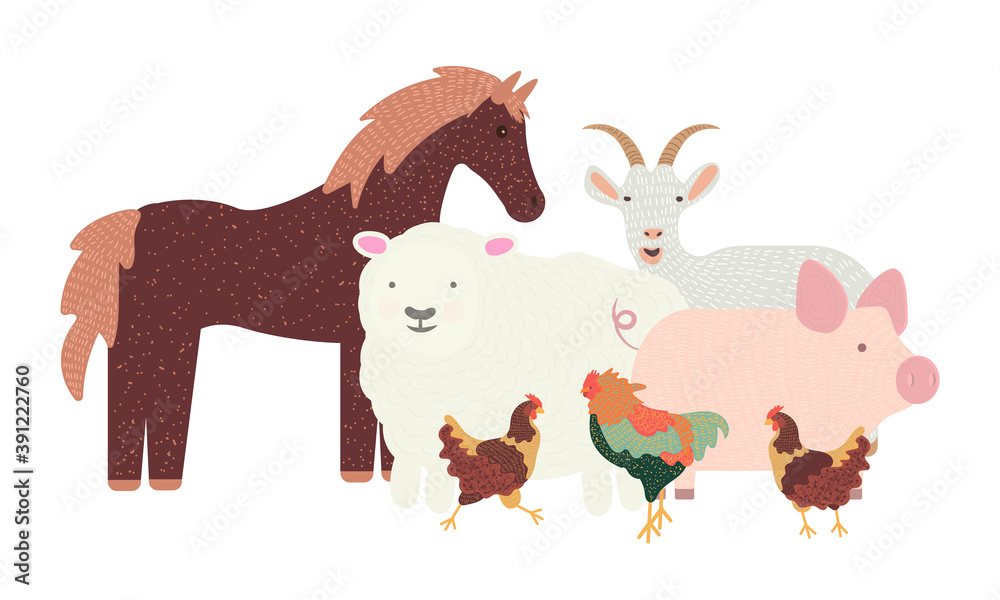 group of farm animals isolated on white background group of farm animals isolated on white background