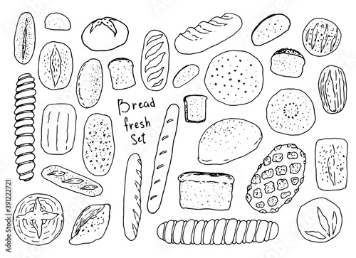 vector fresh drawn bread on a white background. set of black line doodles of various types of bread loaves and tortillas, whole and pieces with texture and various sprinkles of seed crumbs on top and 